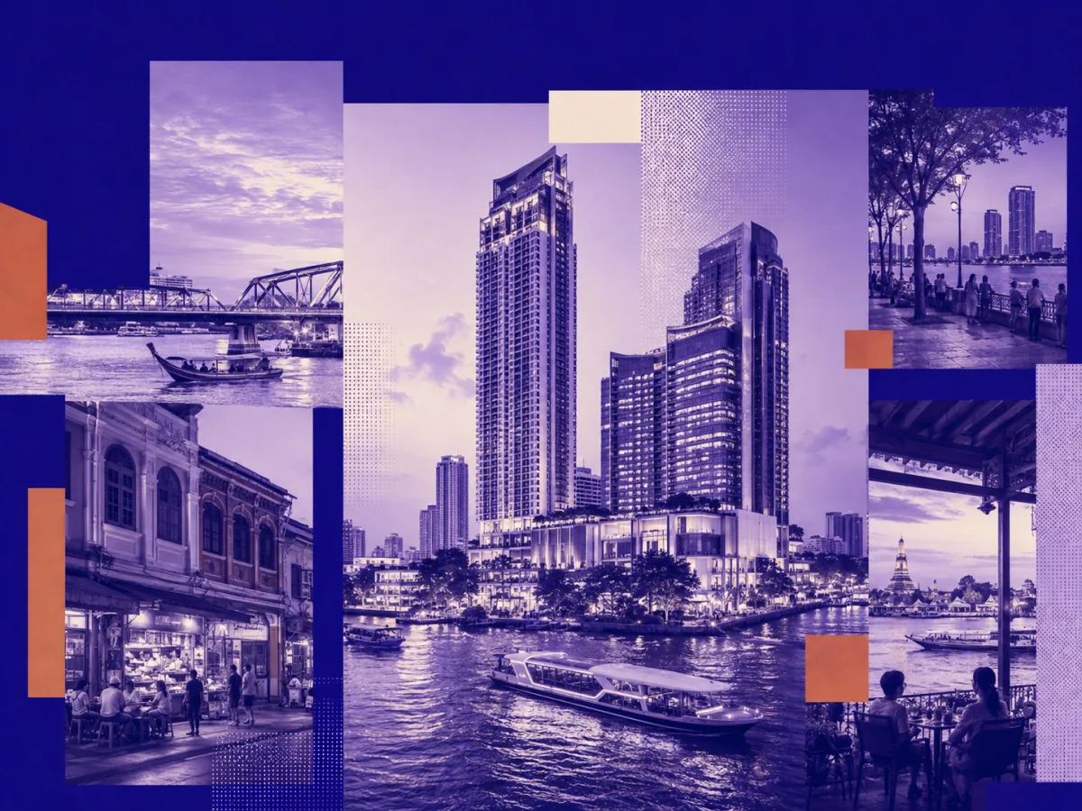 NITARYA collage of Bangkok riverside residences, river transport and dining